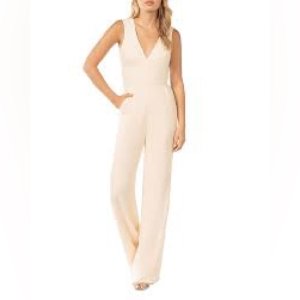 Dress the Population Cream V-Neck Wide-Leg Jumpsuit